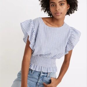 Madewell Blue Striped Flutter Sleeve Smocked Neck Blouse Size: Small